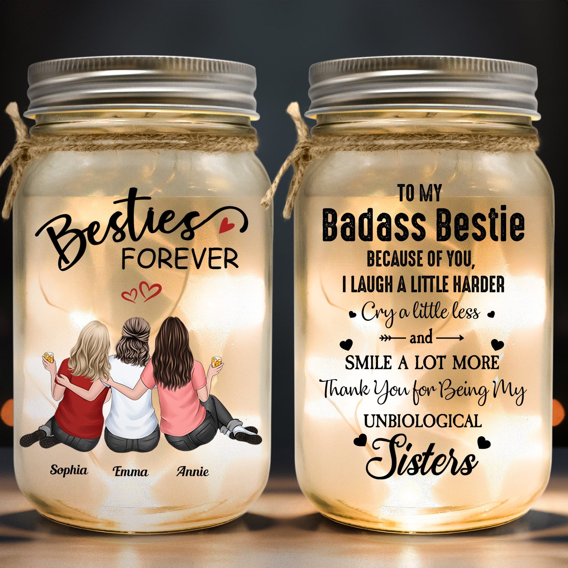 Besties Forever Because Of You I Laugh A Little Harder - Personalized Mason Jar Light