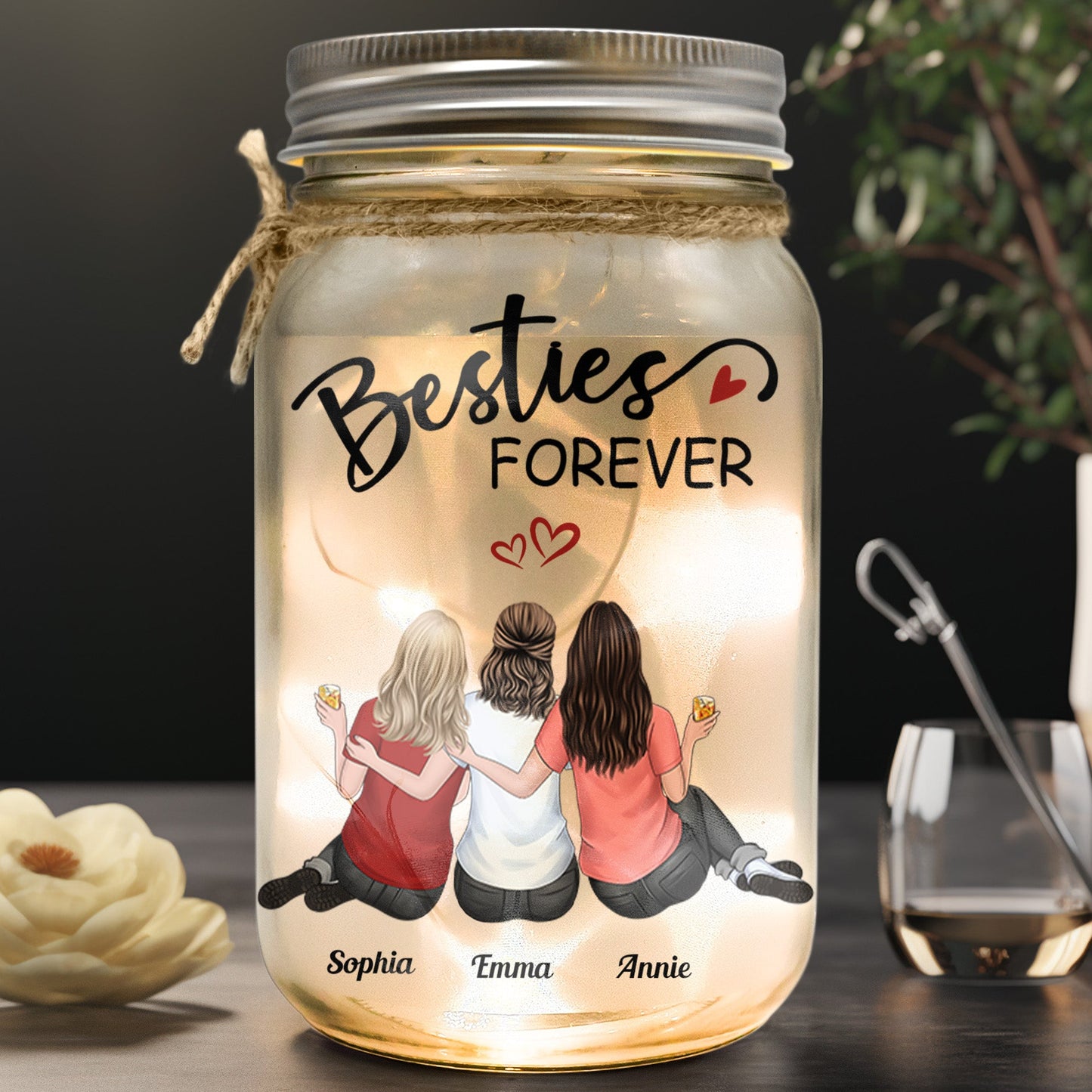 Besties Forever Because Of You I Laugh A Little Harder - Personalized Mason Jar Light