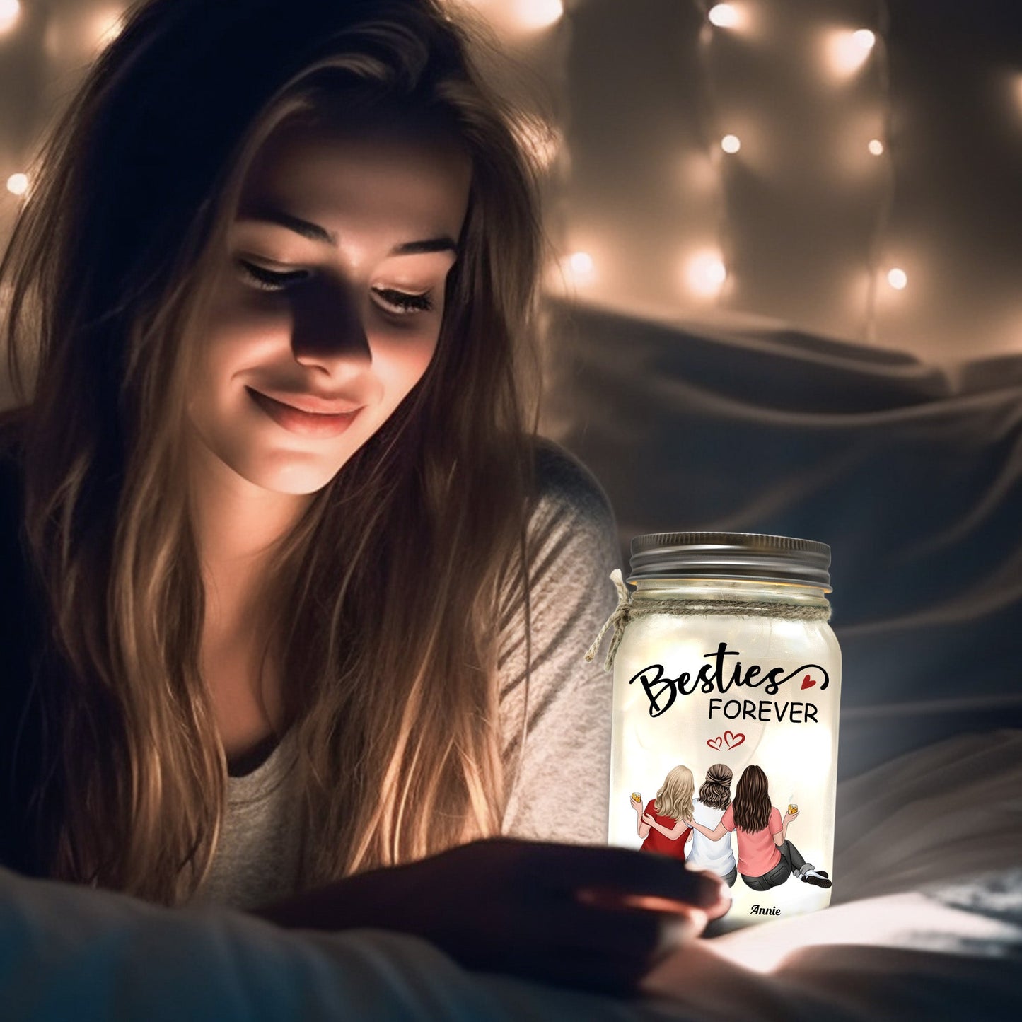 Besties Forever Because Of You I Laugh A Little Harder - Personalized Mason Jar Light