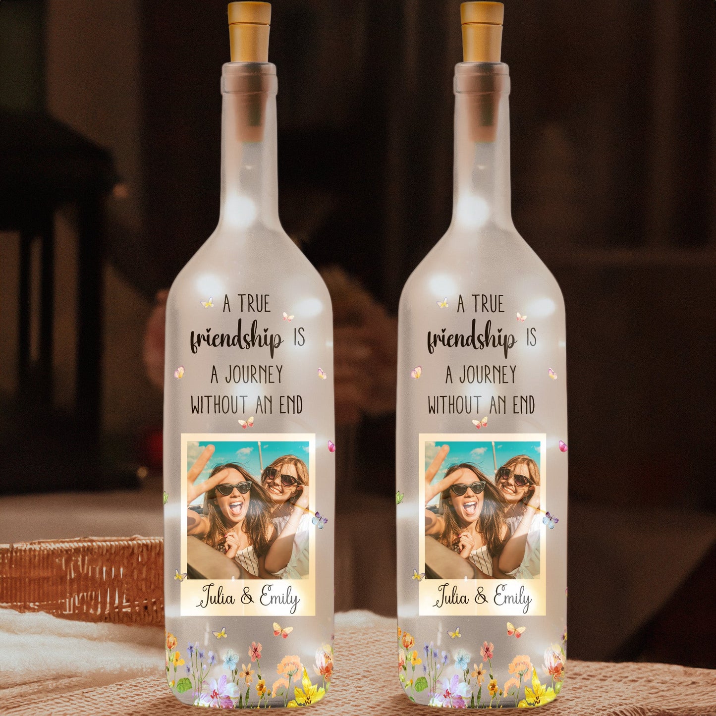Besties Forever Floral - Thank You Gift For Friends - Personalized Photo Bottle Lamp
