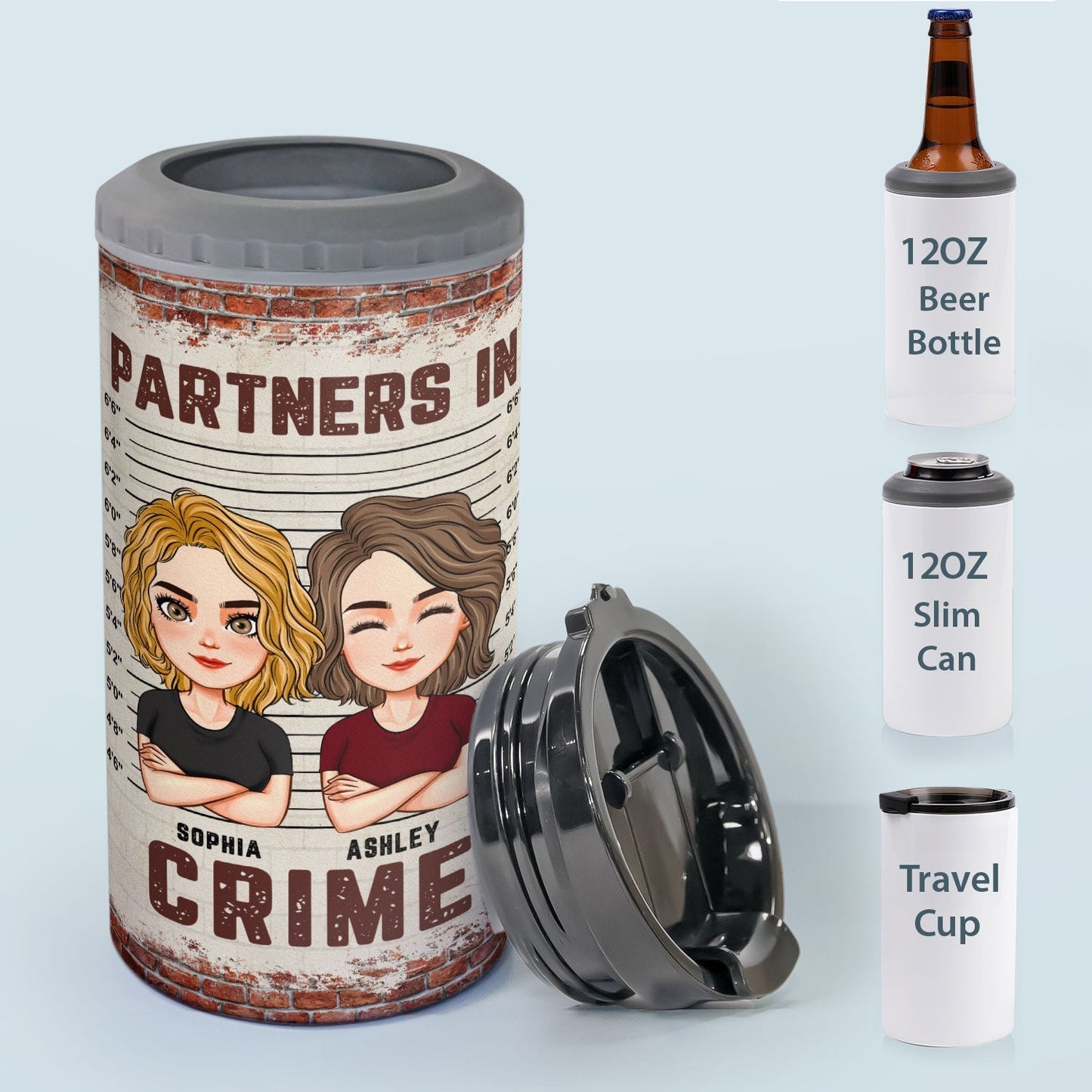 Besties - Partners In Crime - Personalized Can Cooler - Birthday, Loving, Funny Gift For Sisters, Sistas, Besties, Soul Sisters