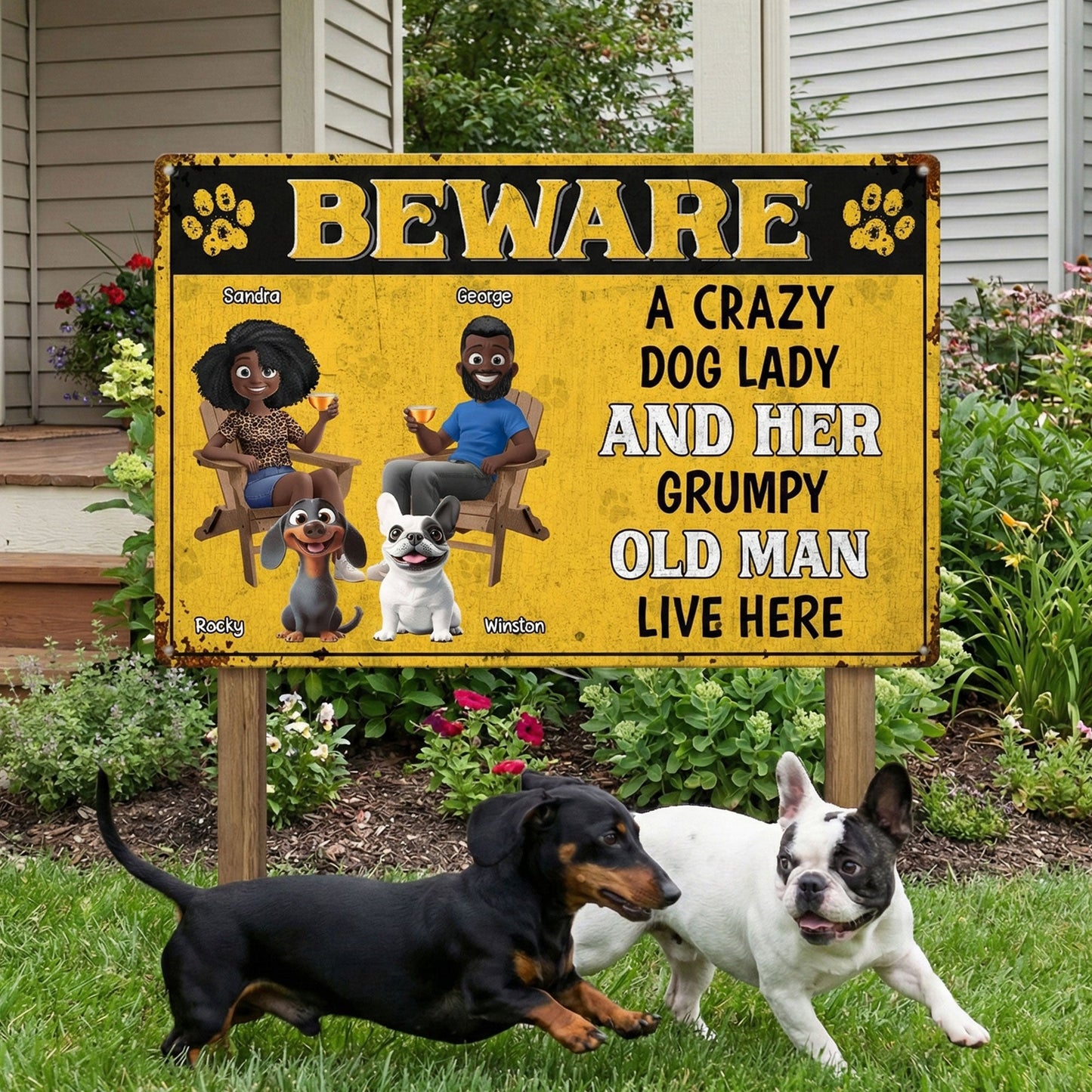 Beware A Crazy Dog Lady And Her Grumpy Old Man Live Here - Personalized Metal Sign