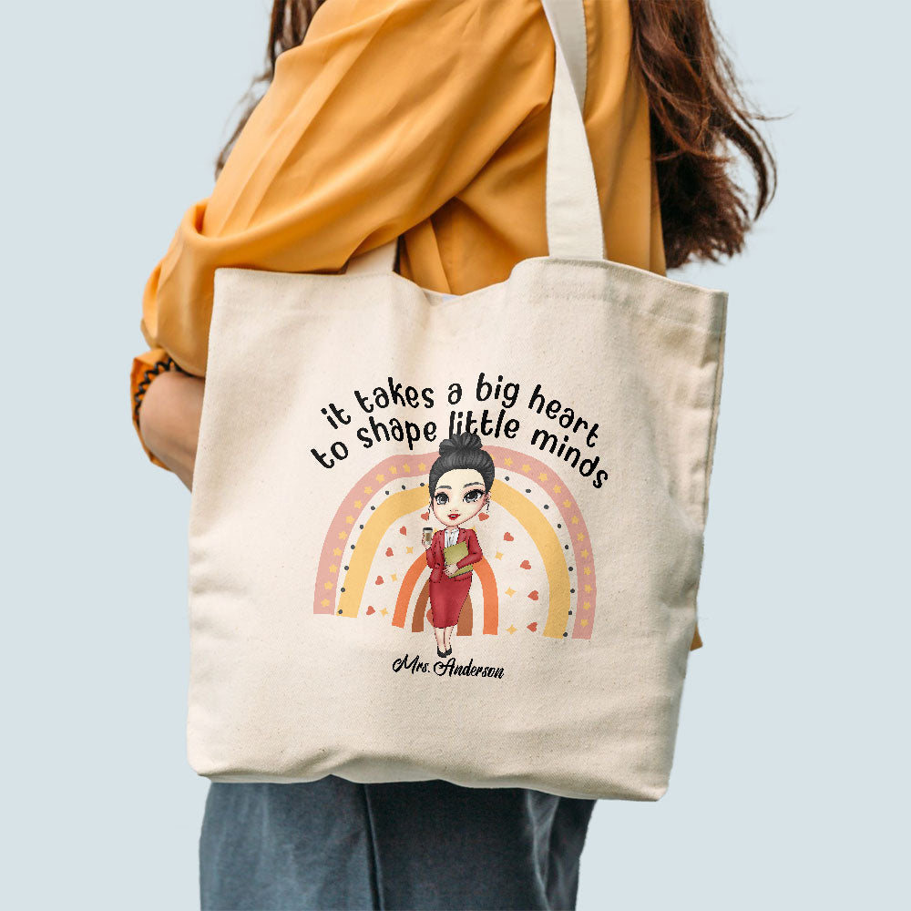 Big Heart Shapes Little Minds - Personalized Tote Bag - Birthday, Back To School Gift For Teachers, Colleagues, New Teacher Gift