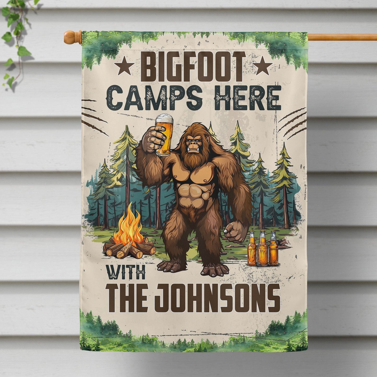 Bigfoot Camps Here With Us - Personalized Flag