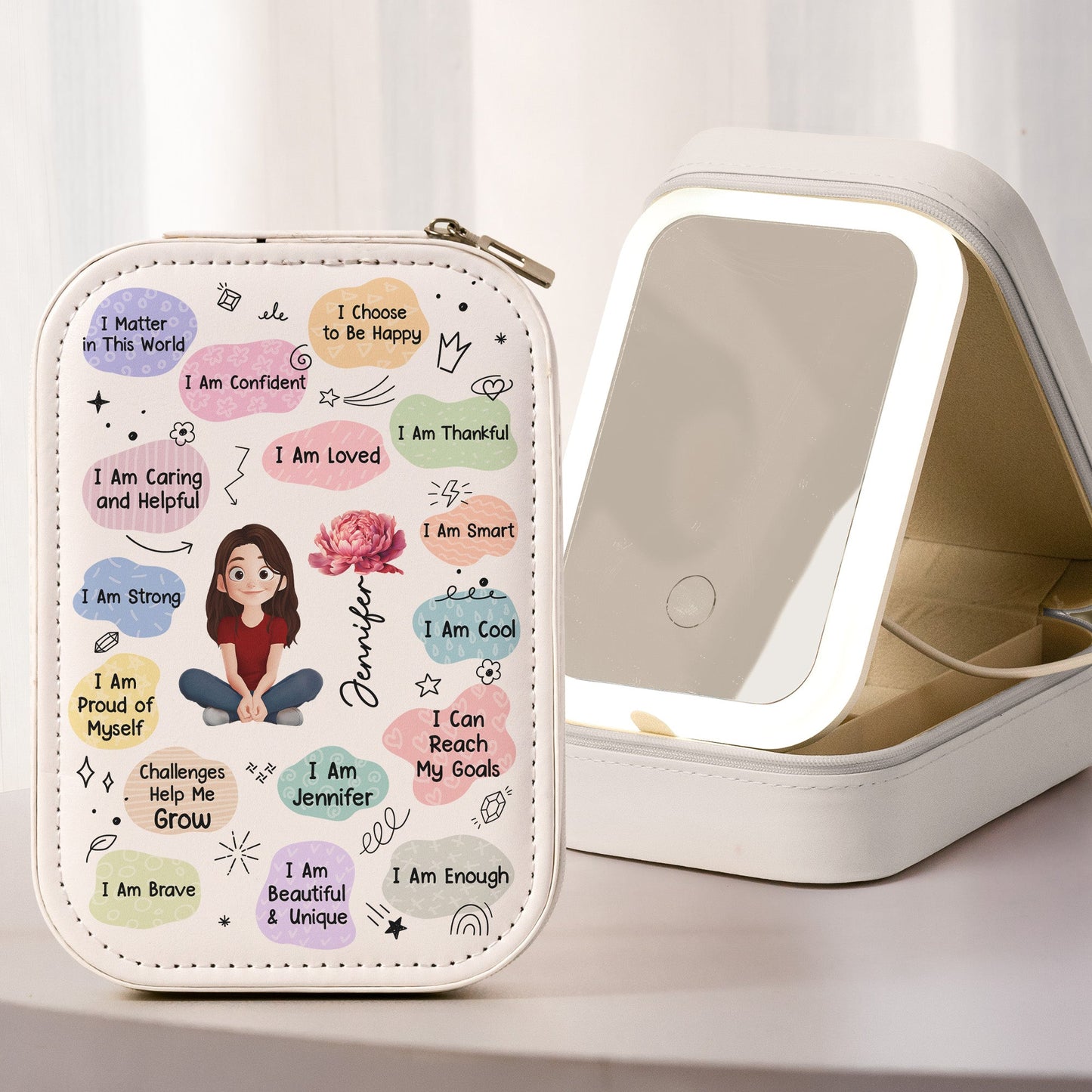 Birth Flower Affirmation - Custom Makeup Box With LED Mirror
