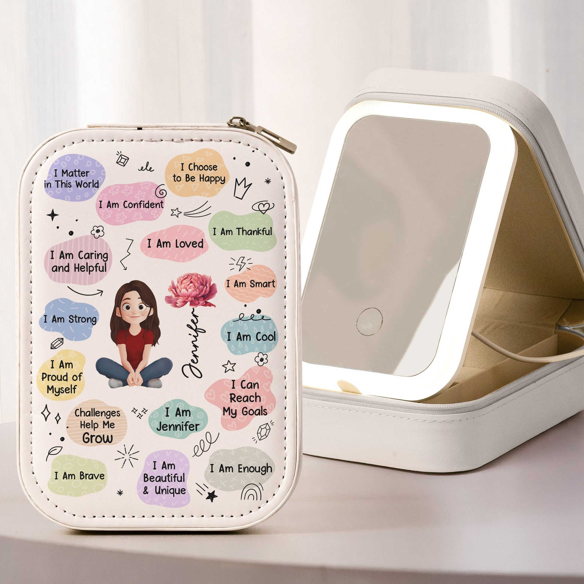 Birth Flower Affirmation - Custom Makeup Box With LED Mirror