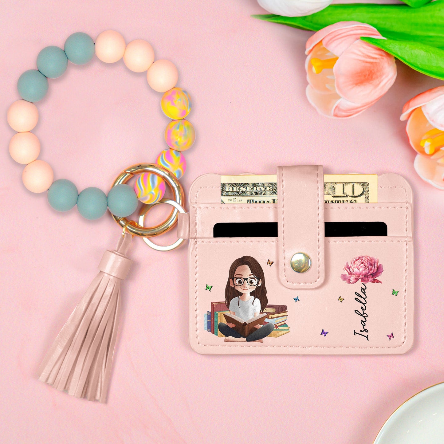 Birth Flower Book Lovers - Personalized Keychain Wristlet Leather Wallet