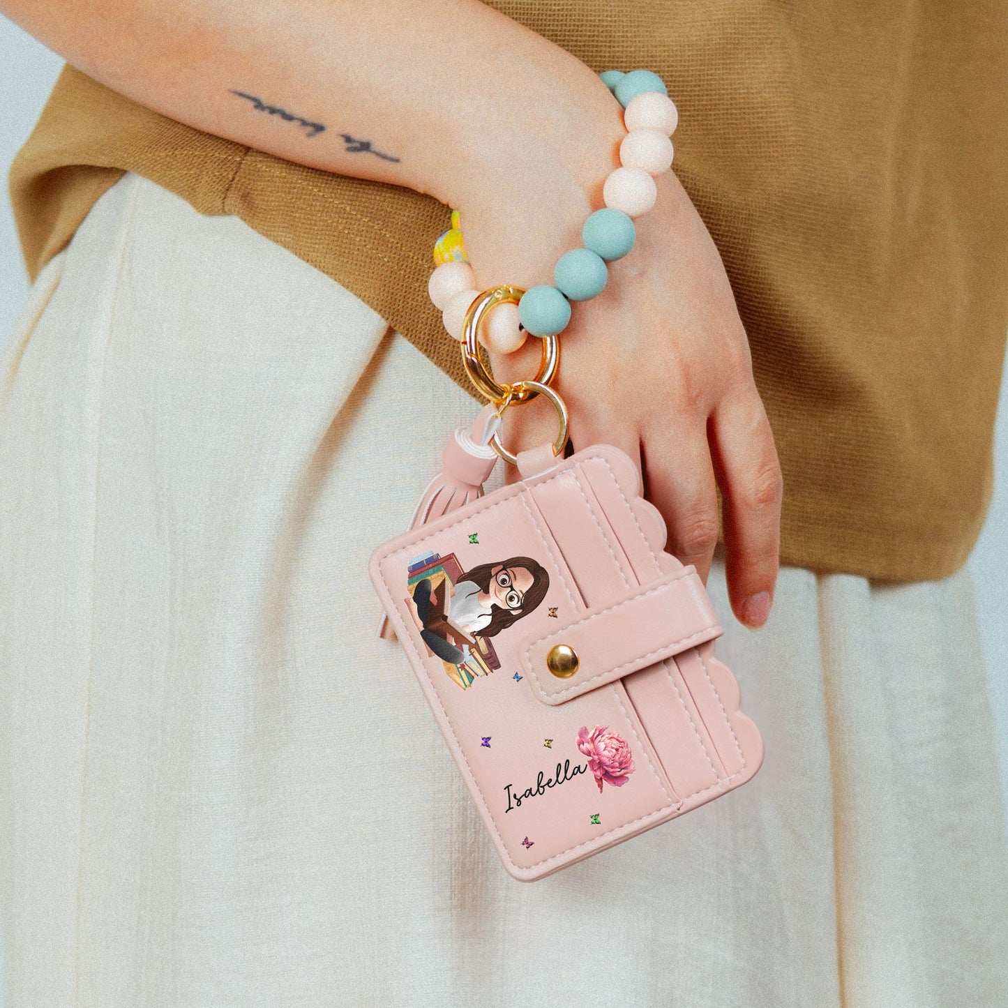 Birth Flower Book Lovers - Personalized Keychain Wristlet Leather Wallet