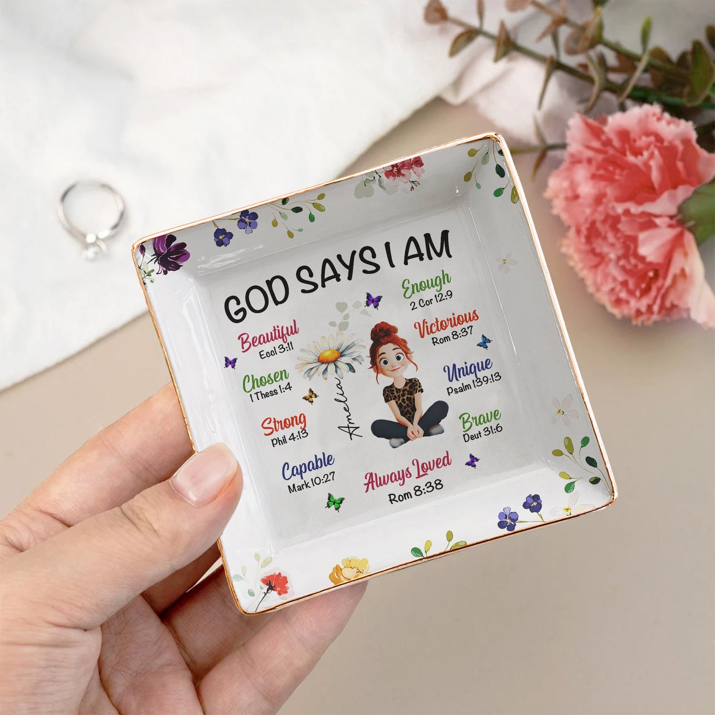 Birth Flower God Says I Am - Personalized Jewelry Dish