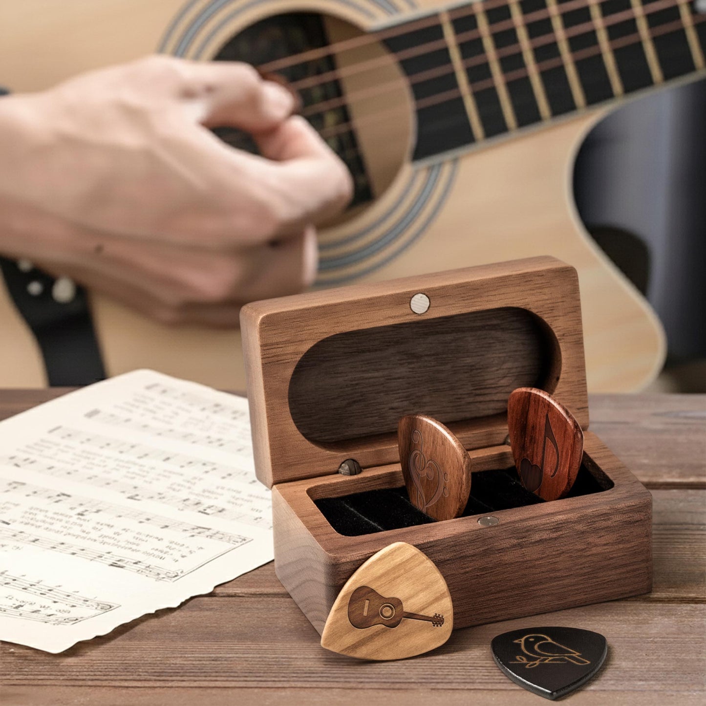 Birth Flower, Guitar Lover - Personalized Wooden Guitar Pick Box
