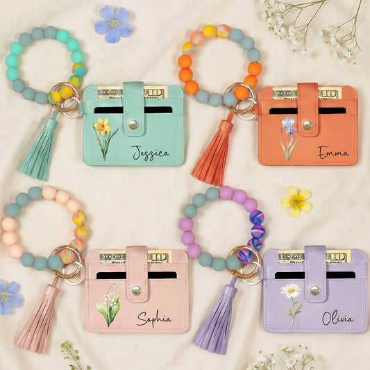 Birth Month Flower Gift For Her - Personalized Keychain Wristlet Leather Wallet