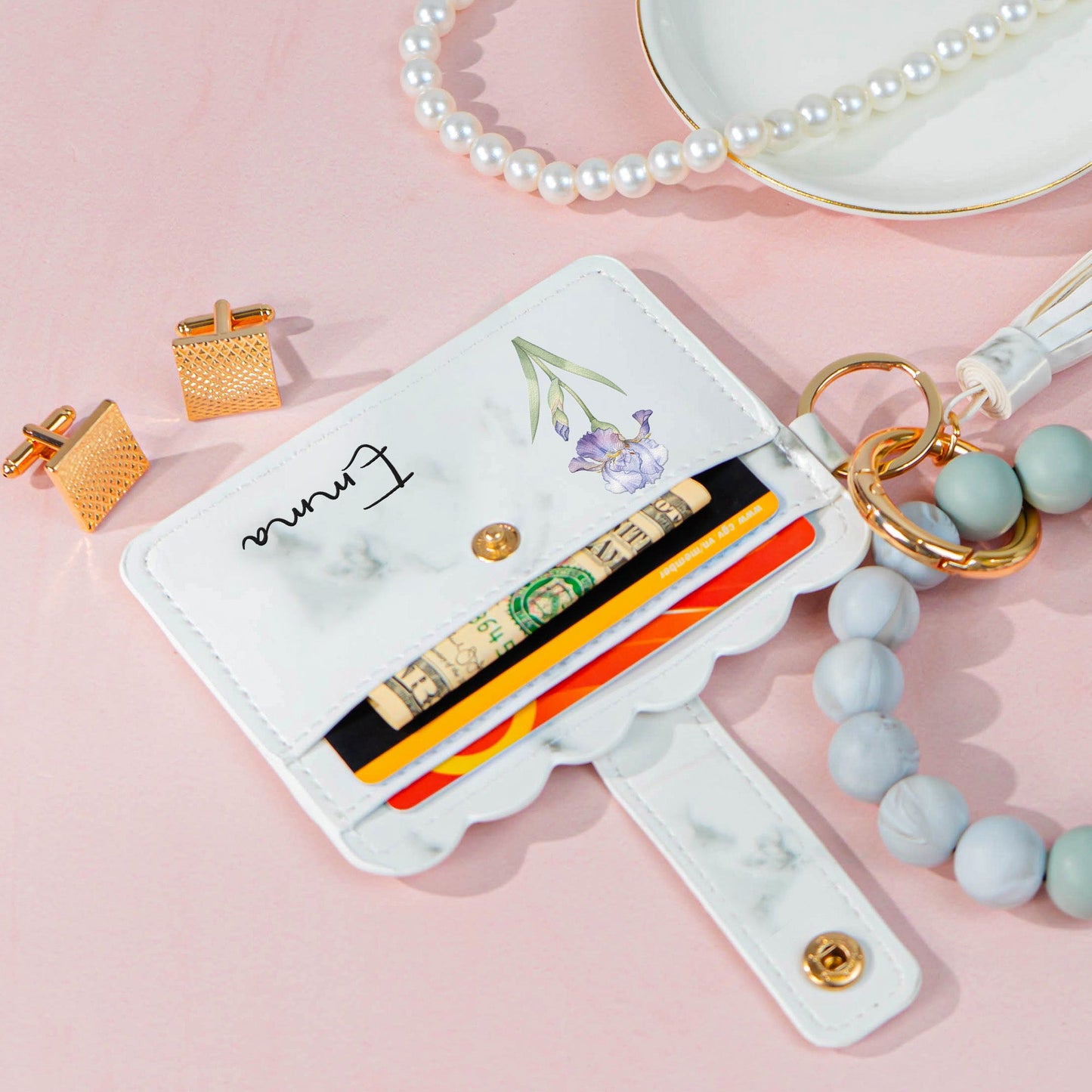 Birth Month Flower Gift For Her - Personalized Keychain Wristlet Leather Wallet