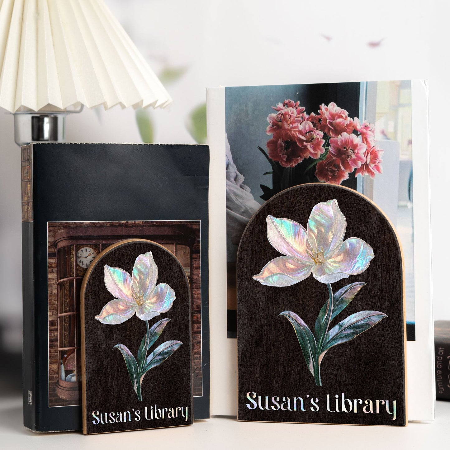 Birth Month Flower - Mother Of Pearl Effect - Custom Wood Book Ends