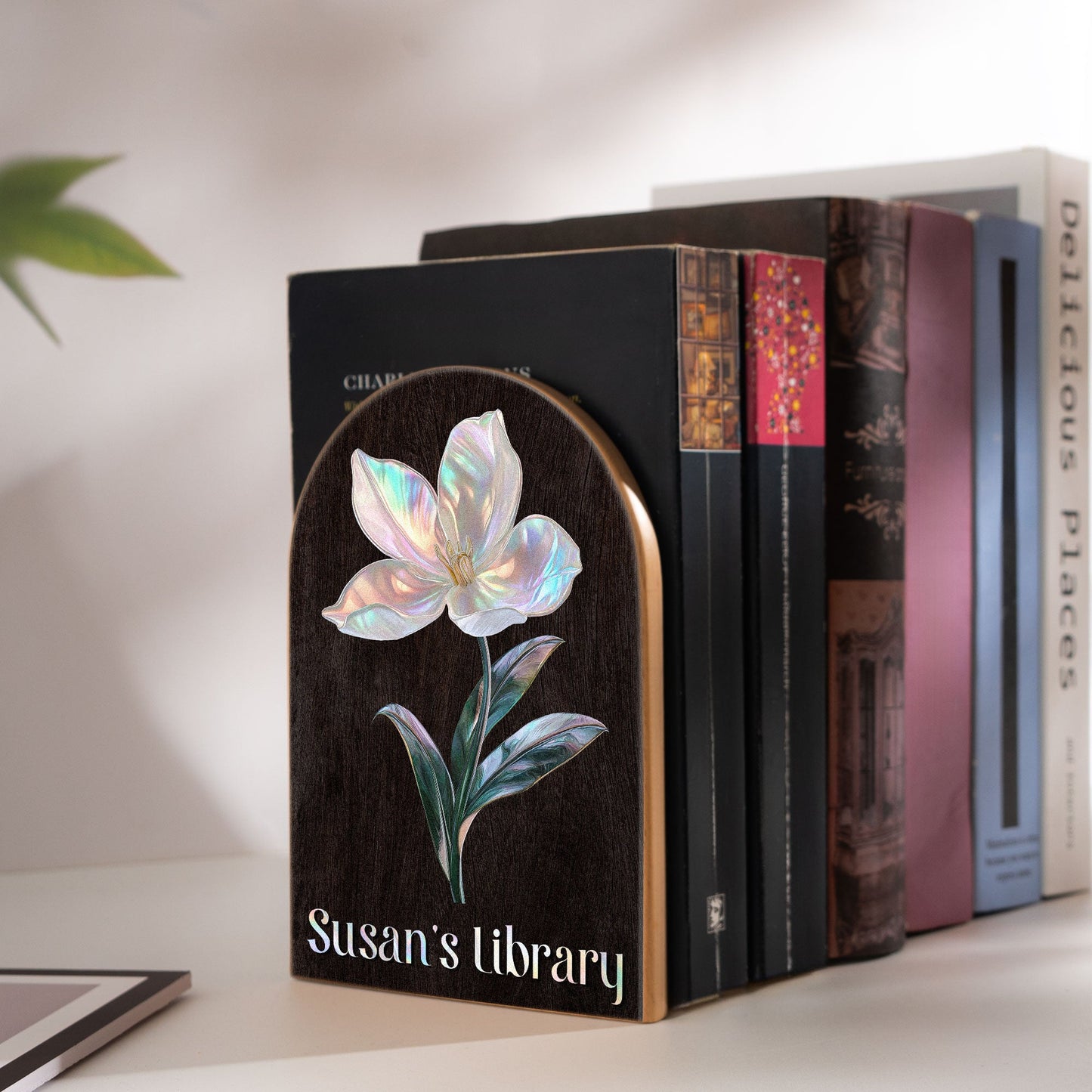 Birth Month Flower - Mother Of Pearl Effect - Custom Wood Book Ends