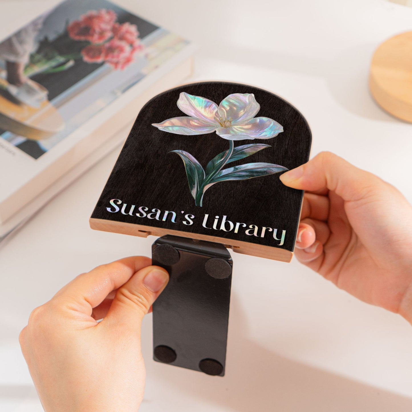 Birth Month Flower - Mother Of Pearl Effect - Custom Wood Book Ends