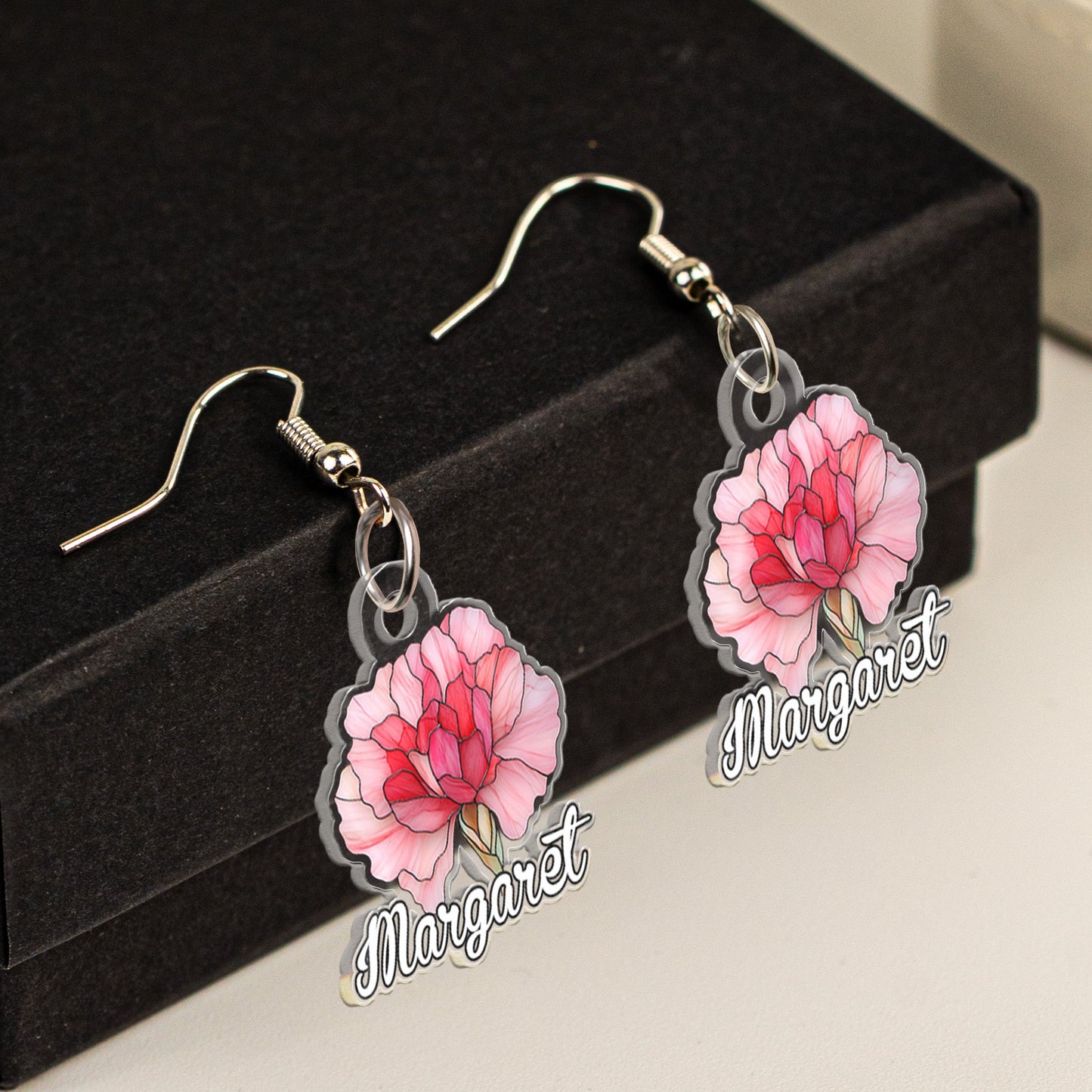 Birth Month Flower Stained Glass Effect Custom Name - Personalized Acrylic Earrings