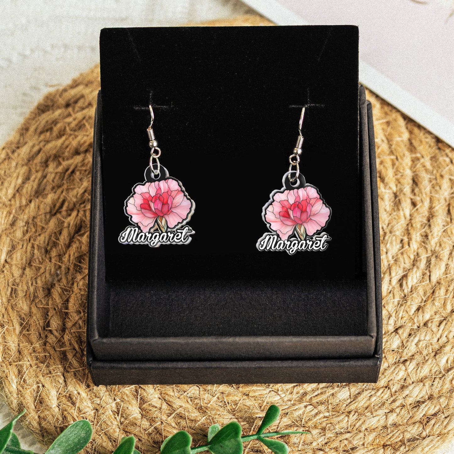 Birth Month Flower Stained Glass Effect Custom Name - Personalized Acrylic Earrings
