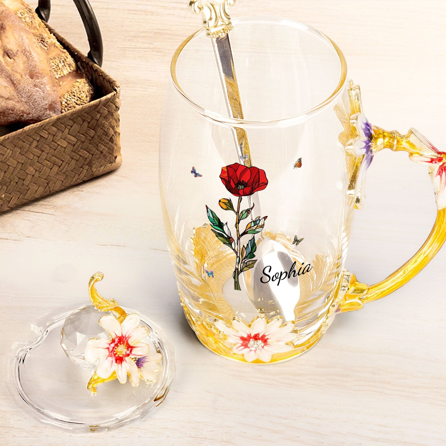 Birth Month Flower Stained Glass Version - Personalized Enamel Flower Tea Cup