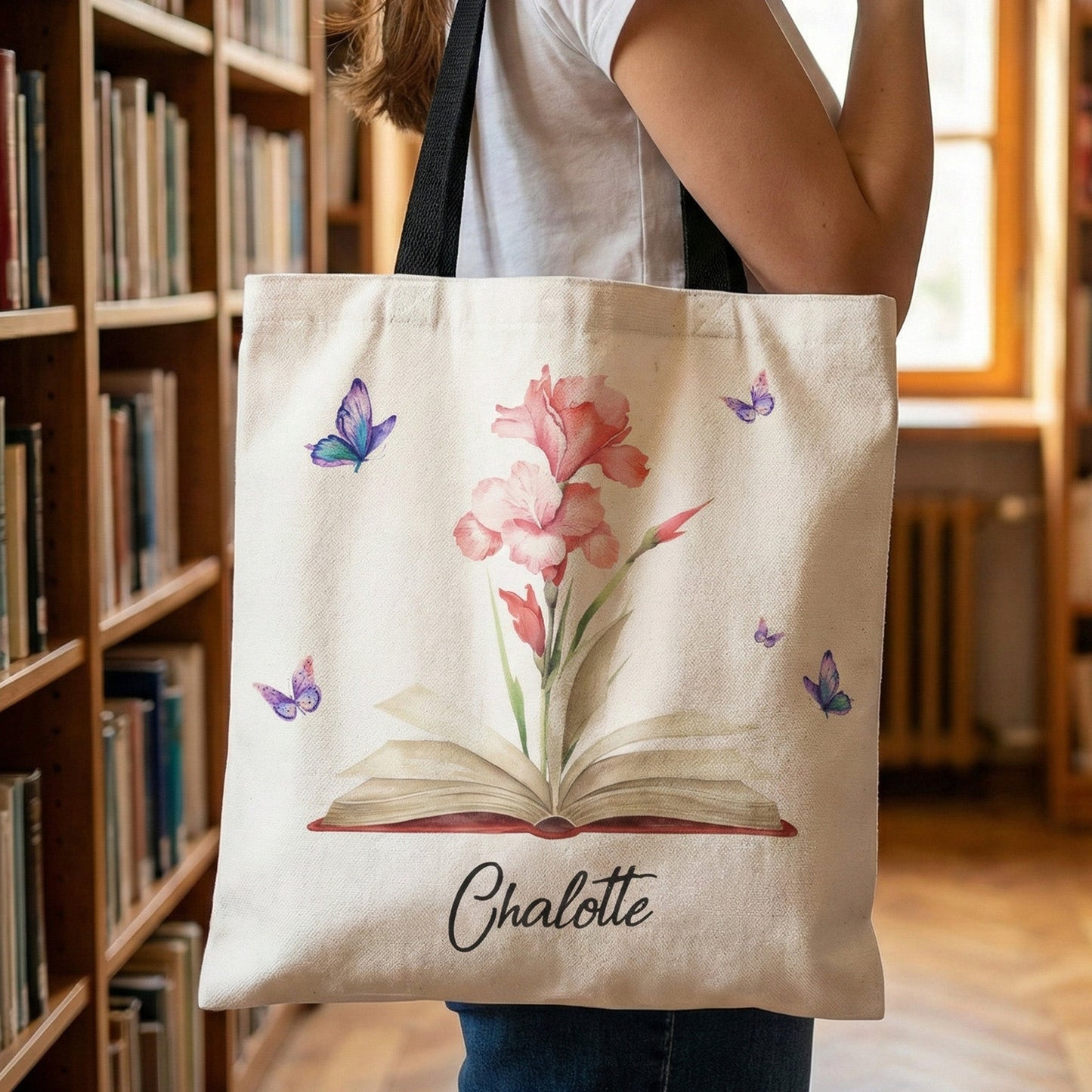 Birth Flower Book Lover Gift Book Club - Personalized Tote Bag