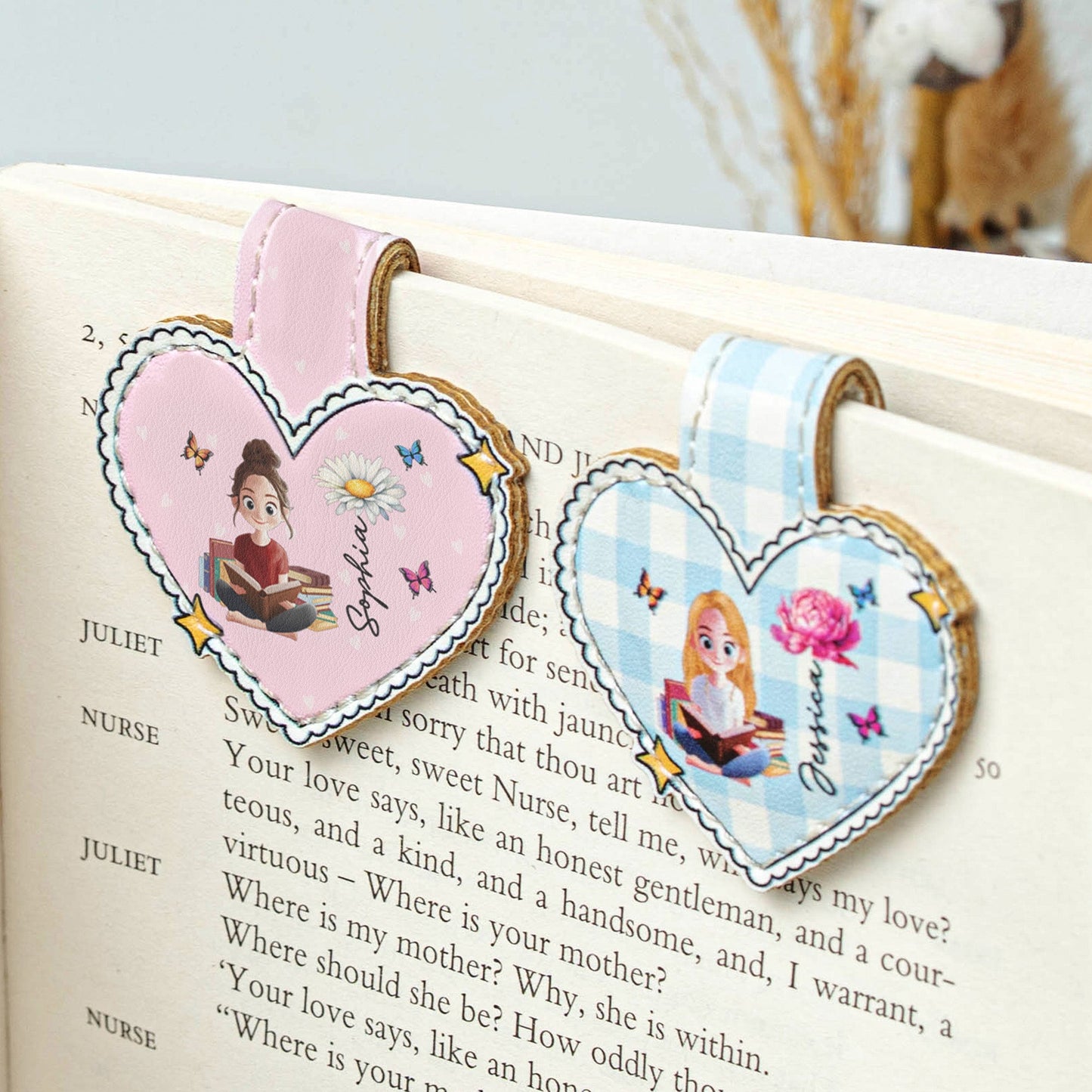 Birth Flower, Book Lover, Heart Shaped - Personalized Leather Magnetic Bookmark