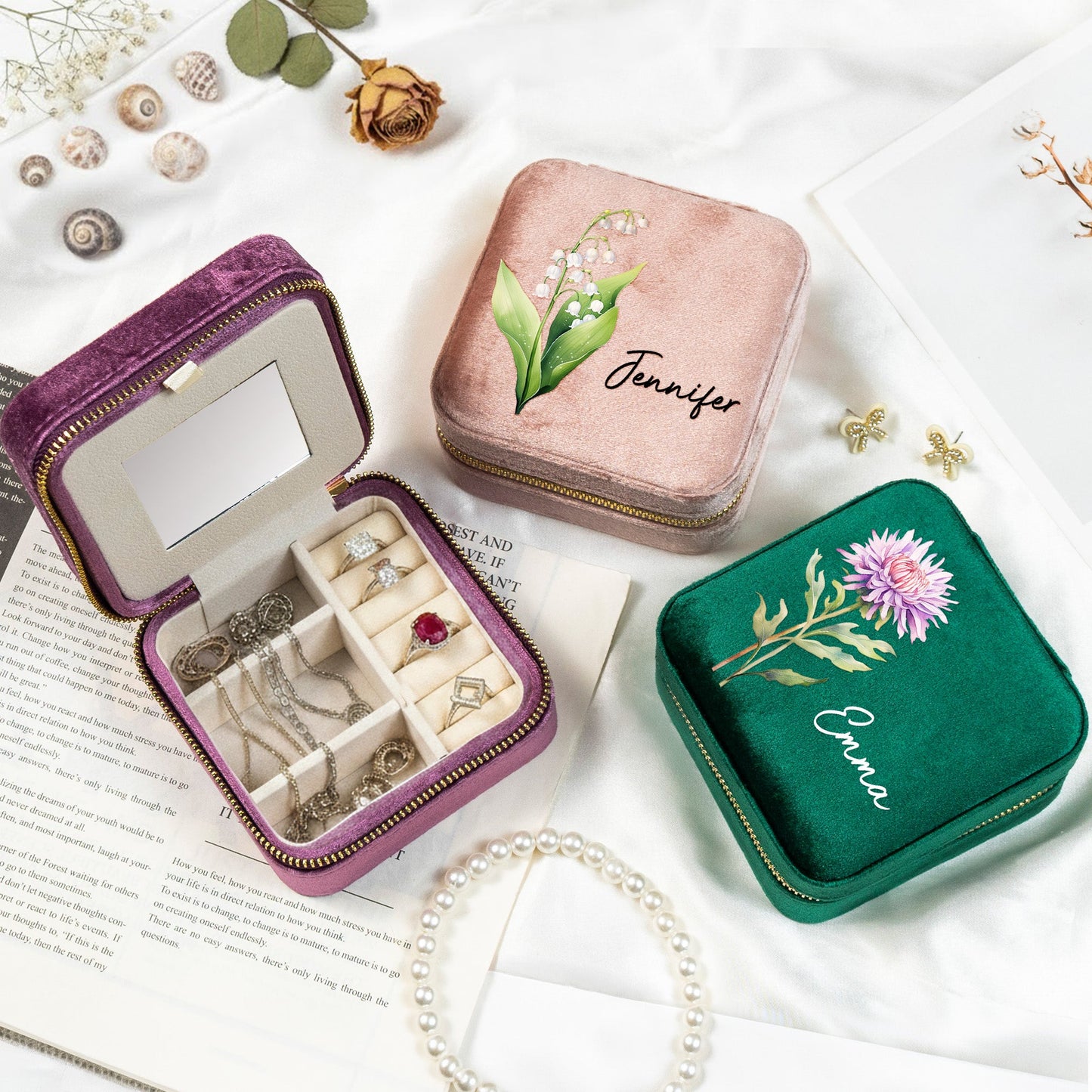 Birth Month Flower Gift For Her Velvet Travel Jewelry Box - Personalized Jewelry Box
