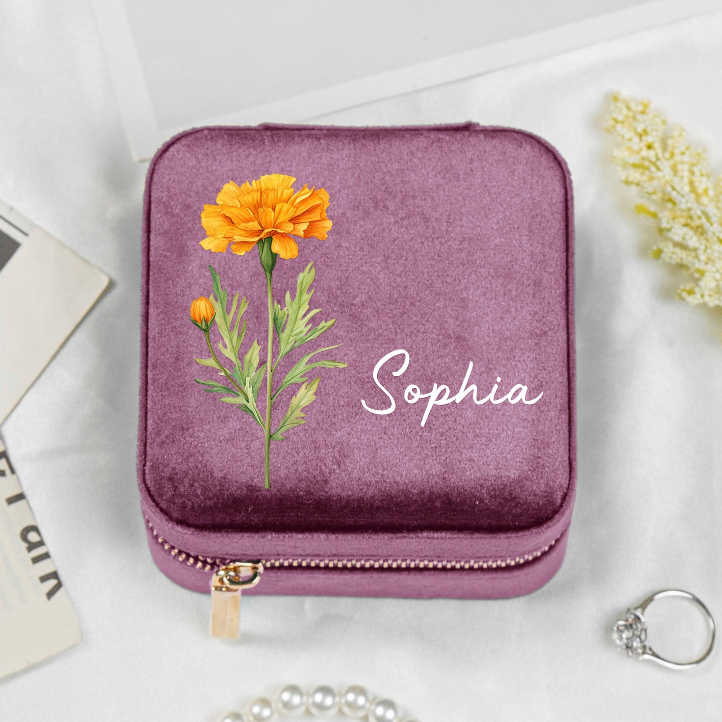 Birth Month Flower Gift For Her Velvet Travel Jewelry Box - Personalized Jewelry Box