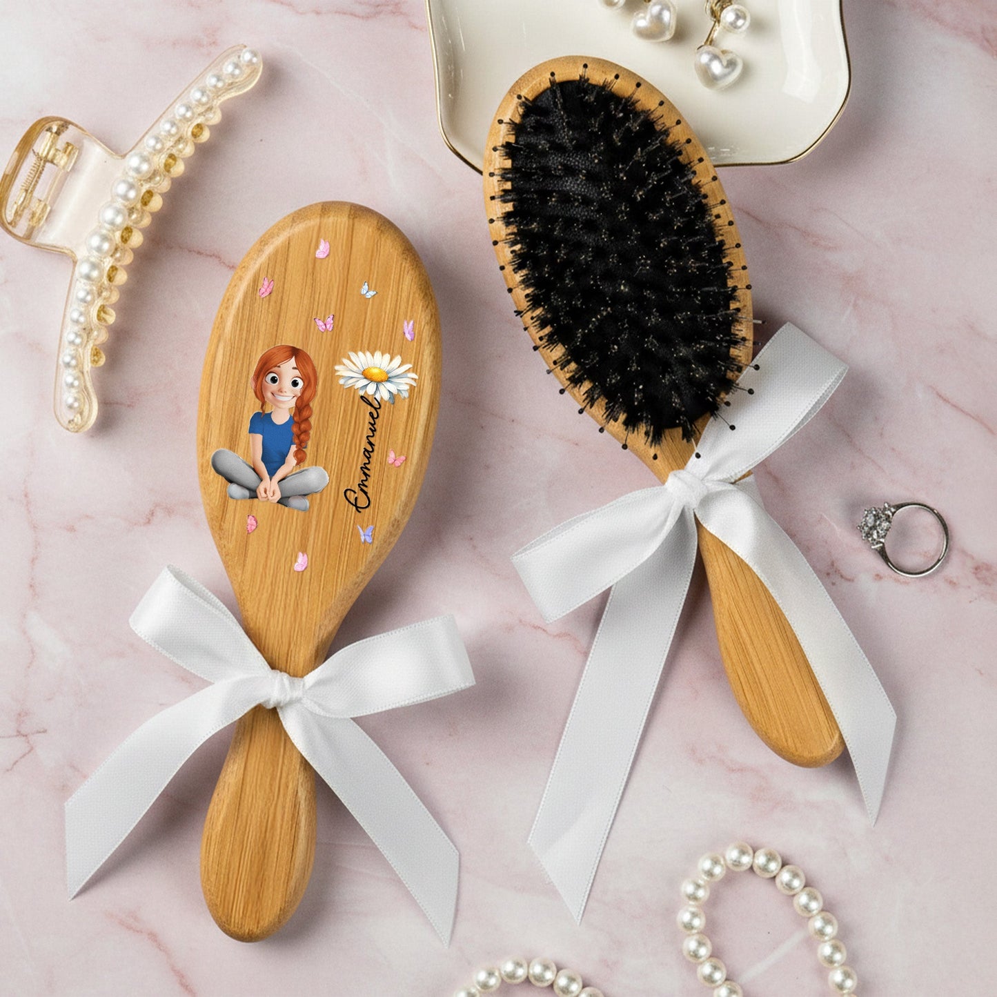 Birth Month Flower With Cute Cartoon - Personalized Hair Brush