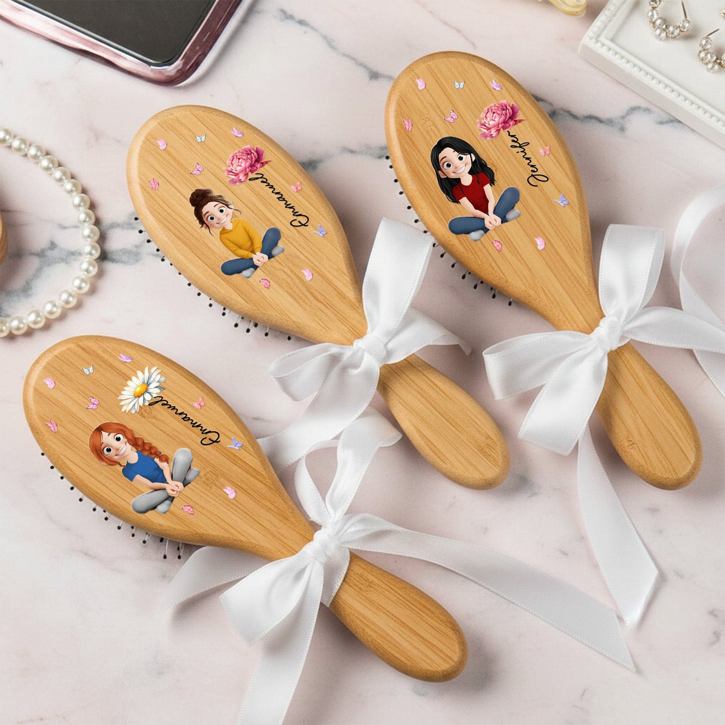 Birth Month Flower With Cute Cartoon - Personalized Hair Brush