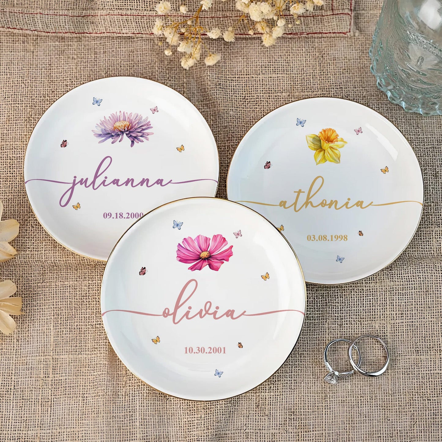 Birthday Dish Custom Birth Flowers And Name - Personalized Jewelry Dish