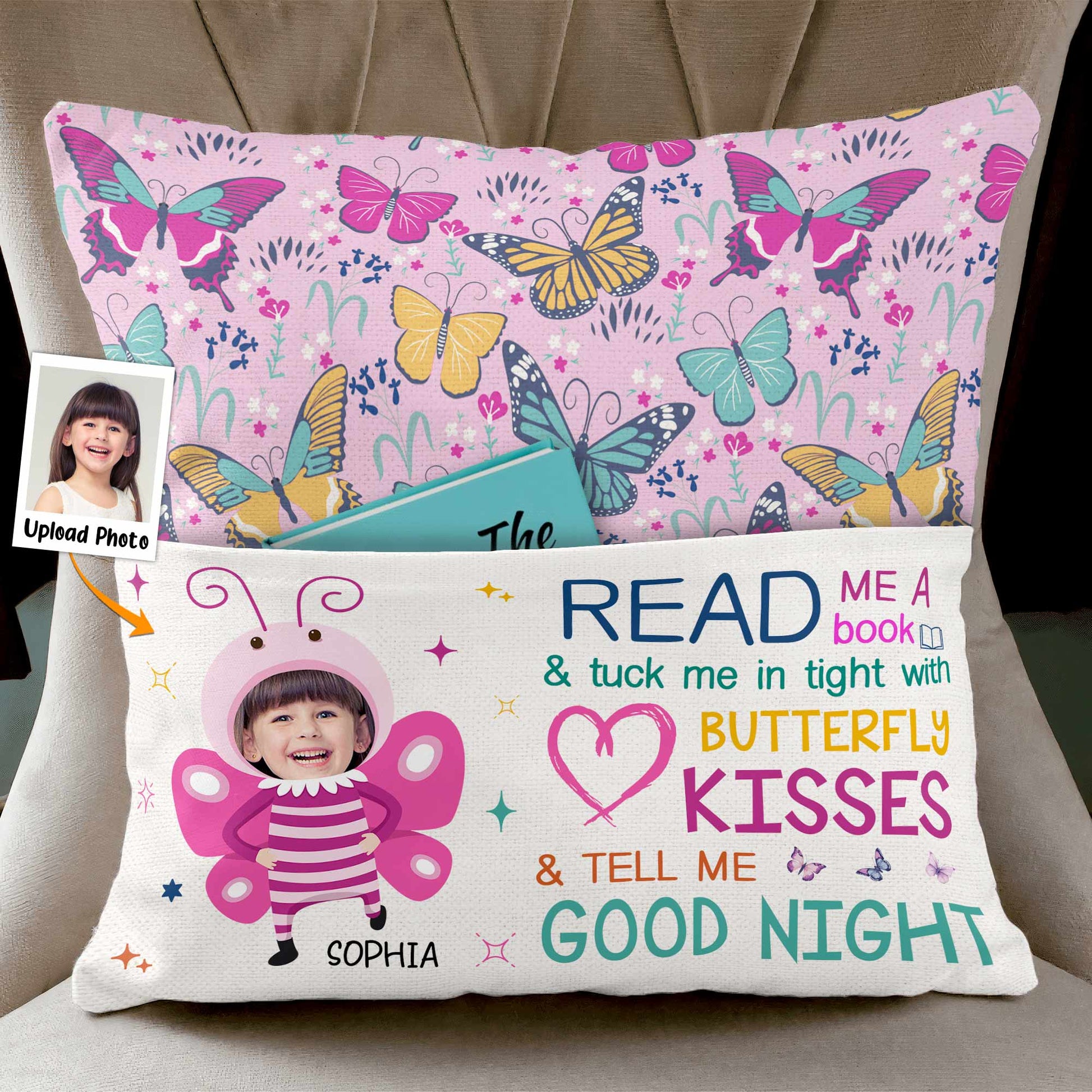 Book And Butterfly Kisses - Personalized Photo Pocket Pillow (Insert Included)
