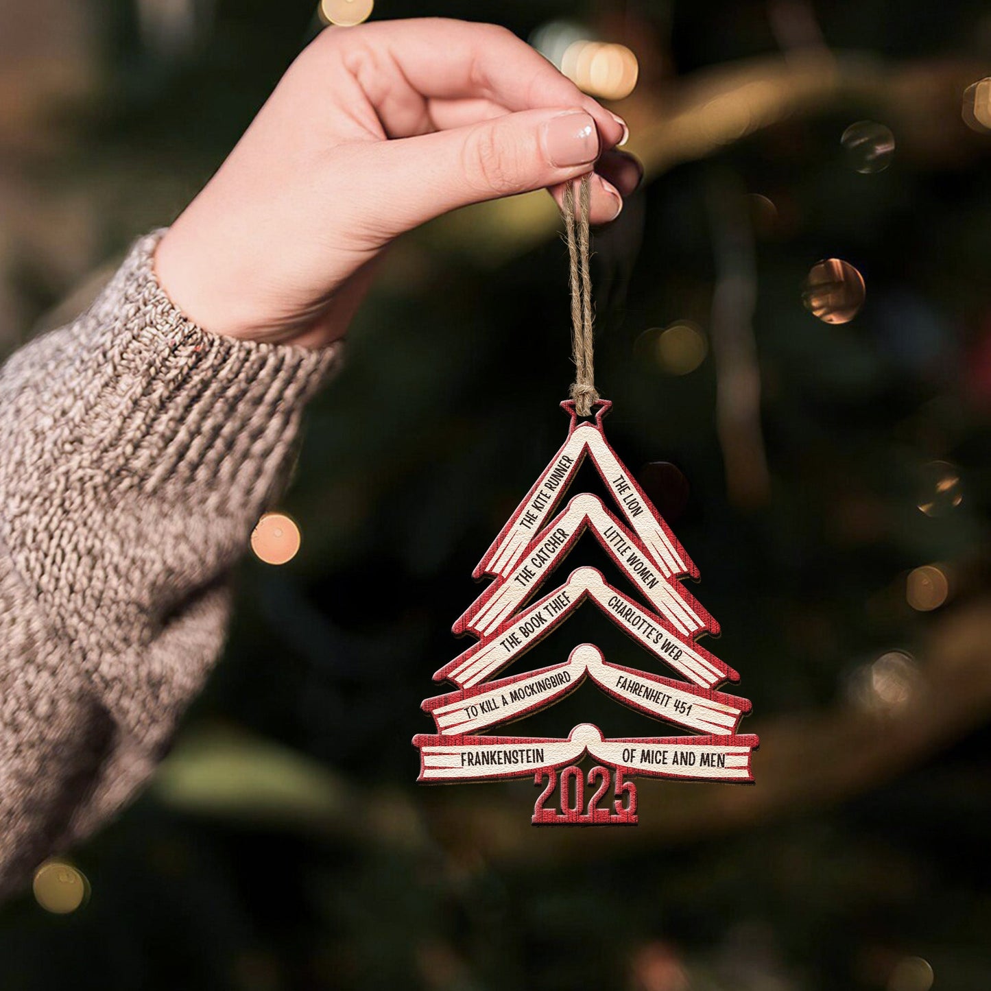 Book Names Christmas Tree 2025 - Personalized Wooden Ornament