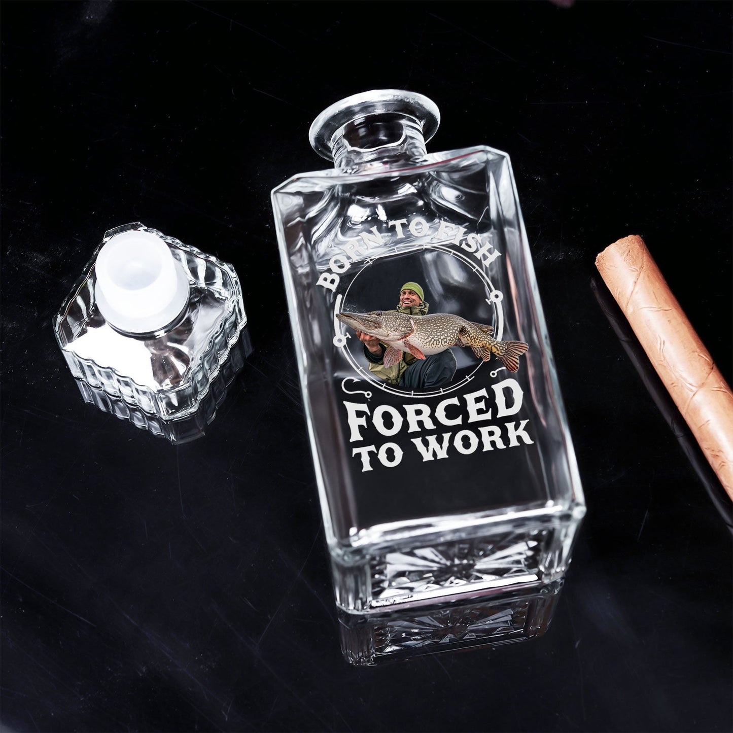 Born To Fish, Forced To Work - Fishing Gifts For Men, Husband, Dad - Custom Photo Decanter