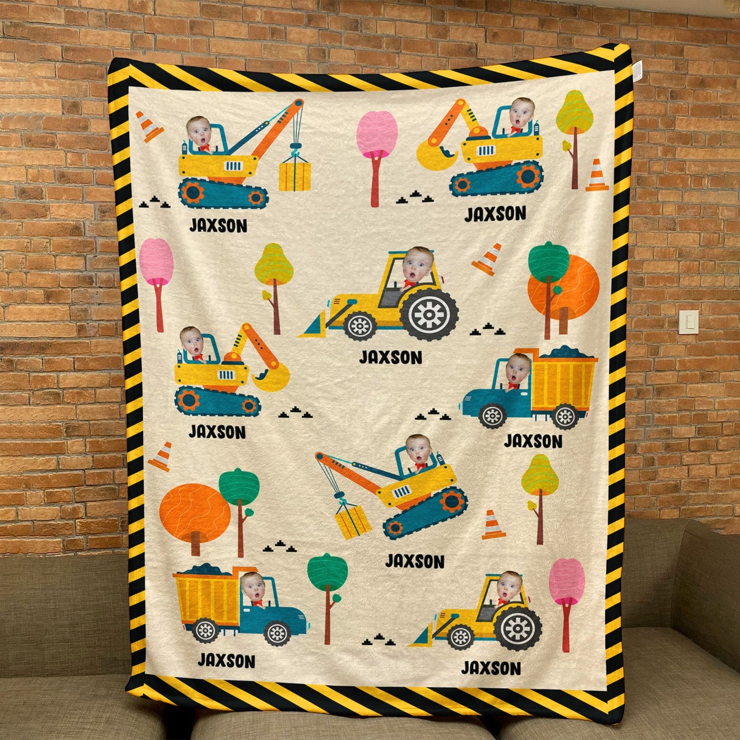 Boy Riding Construction Vehicle - Personalized Baby Photo Blanket