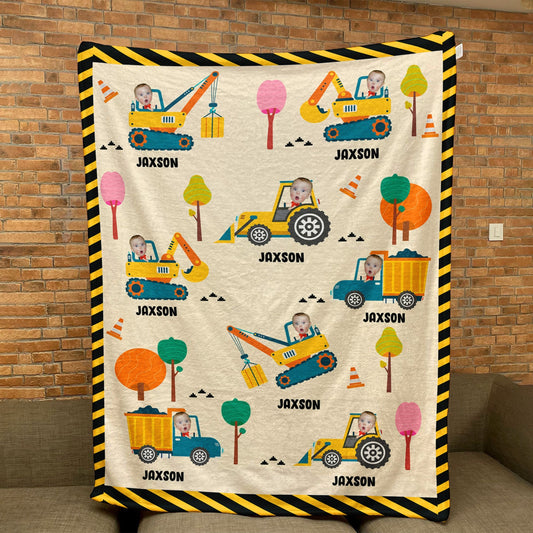 Boy Riding Construction Vehicle - Personalized Baby Photo Blanket