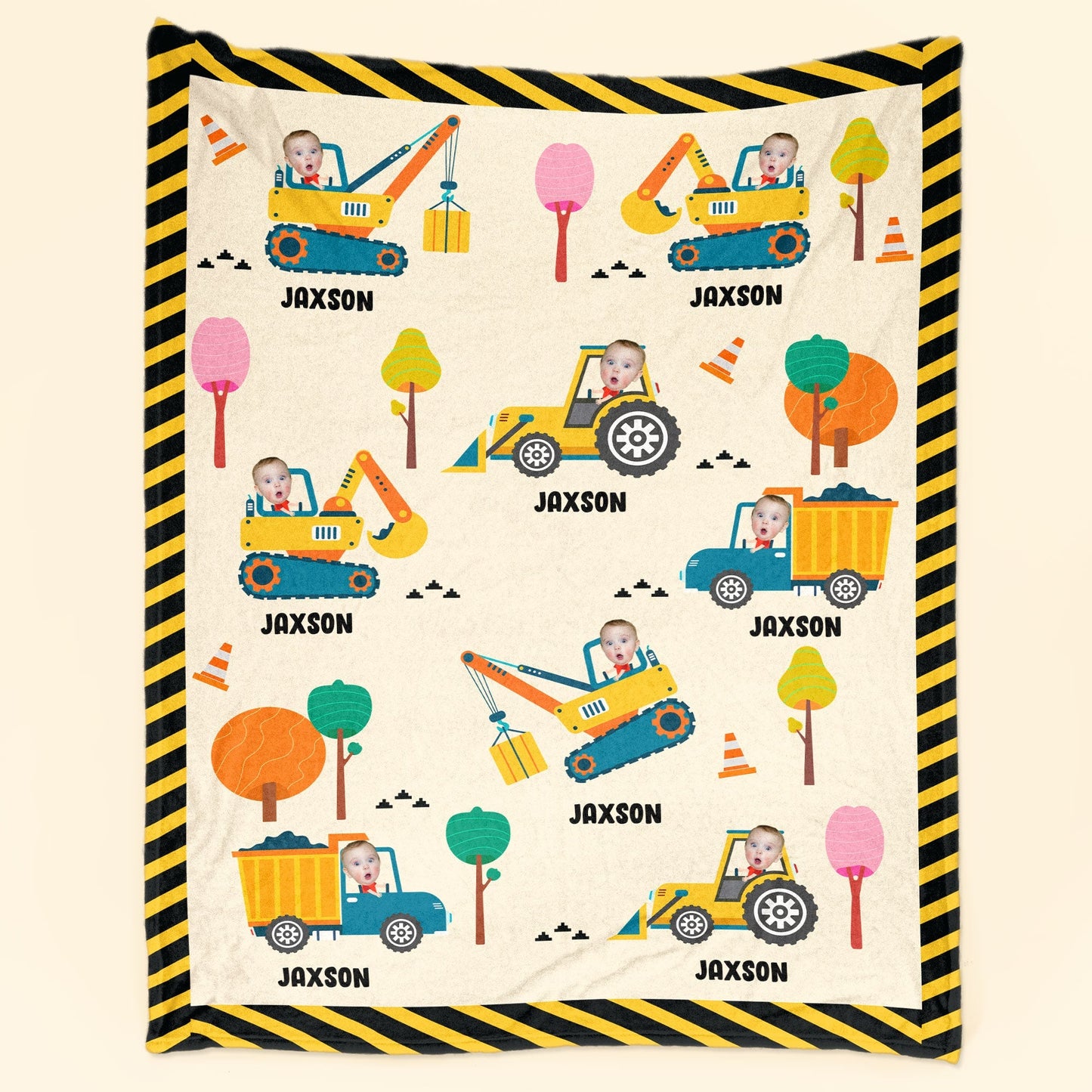 Boy Riding Construction Vehicle - Personalized Baby Photo Blanket