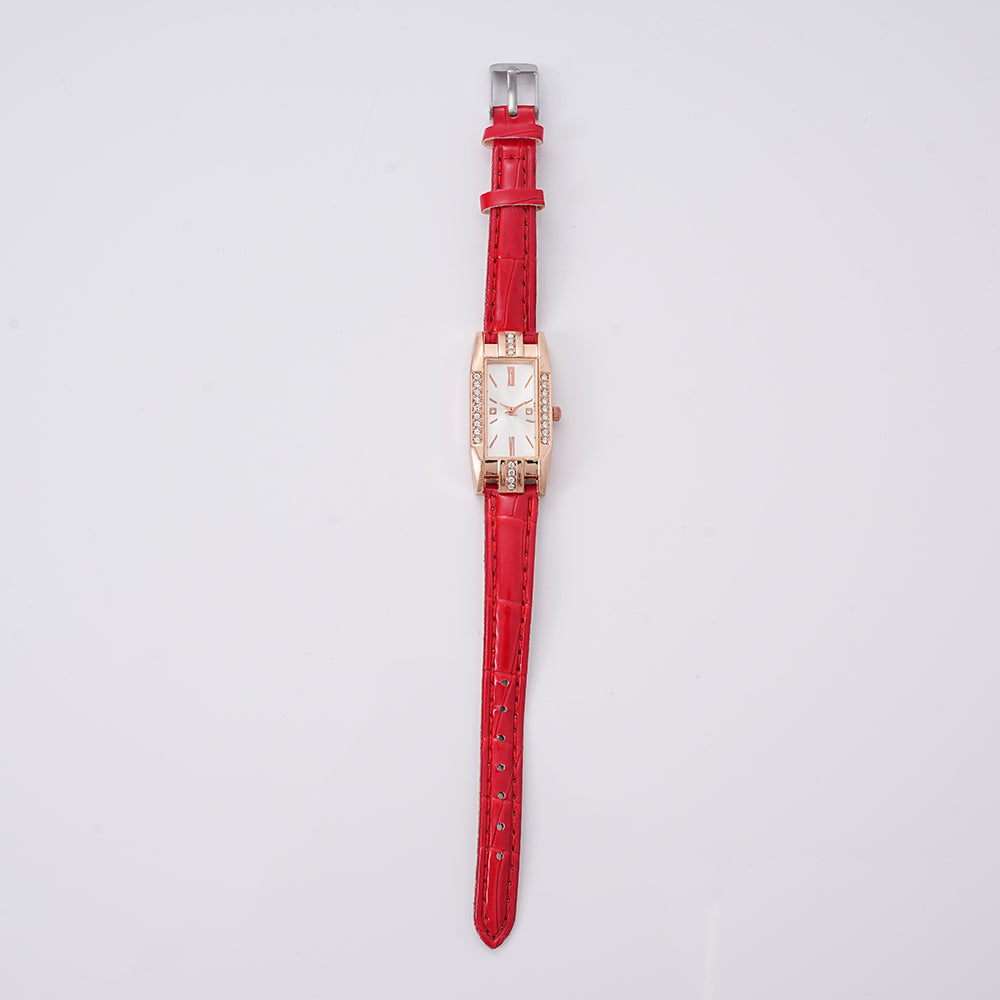 UIONEN Red Leather Strap Rectangle Dial Watches for Daily Wear & Office Commute