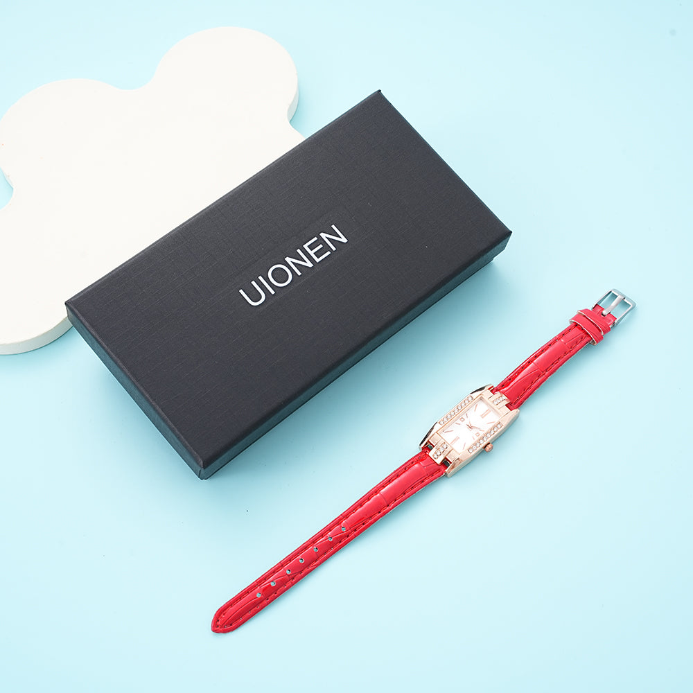 UIONEN Red Leather Strap Rectangle Dial Watches for Daily Wear & Office Commute