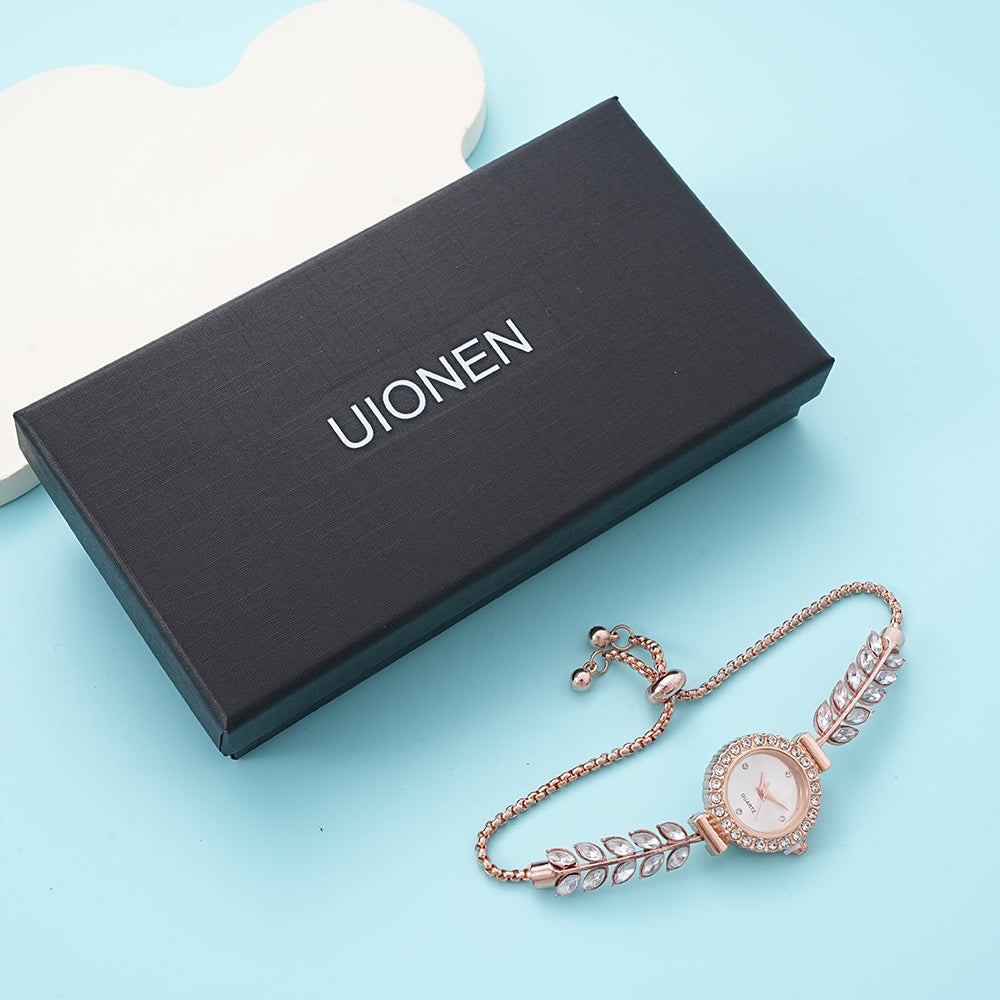 UIONEN Rose Gold Leaf Crystal Bracelet Watches for Daily Wear & Elegant Styling