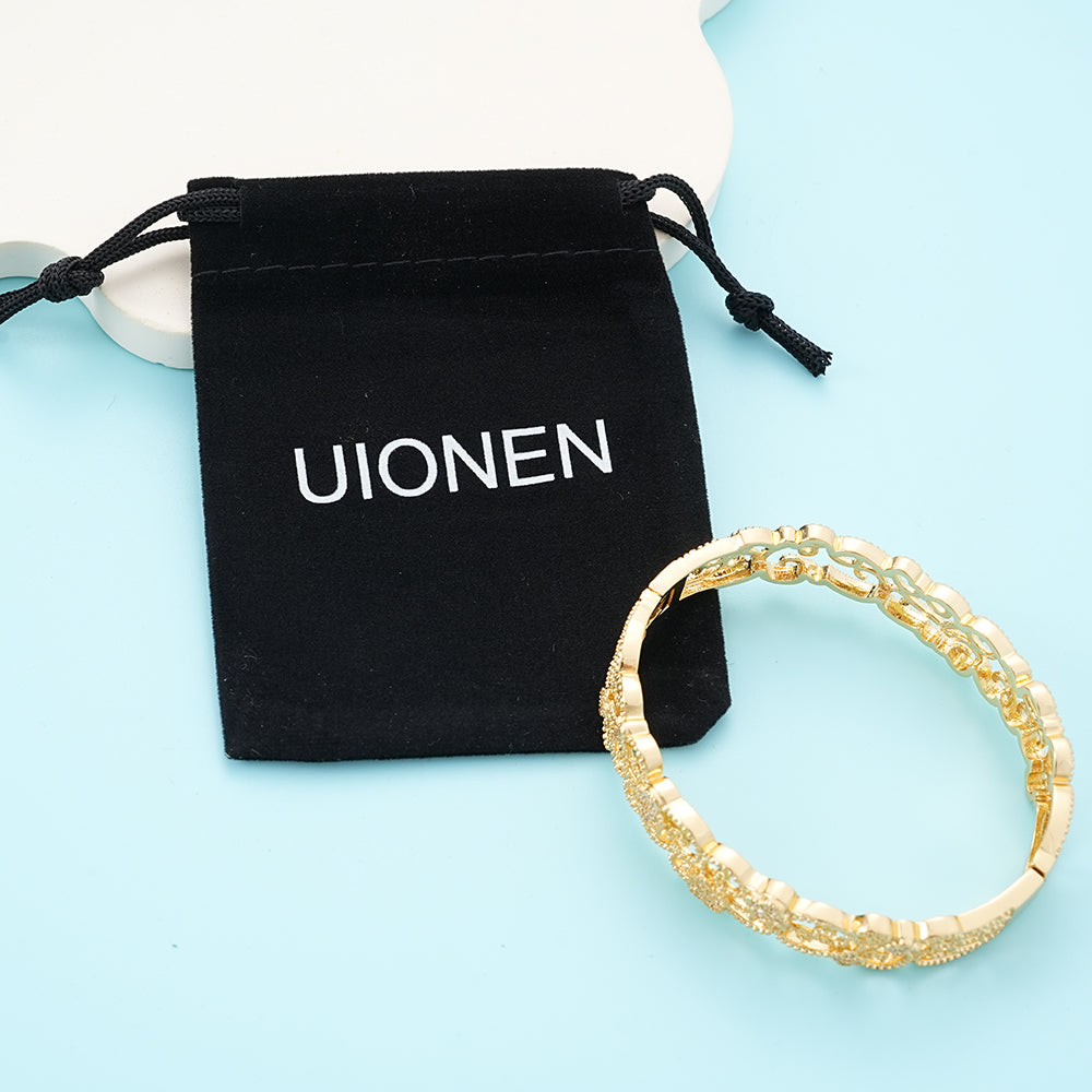 UIONEN Gold Filigree Cubic Zirconia Bangle Bracelets for Daily Wear & Party Events