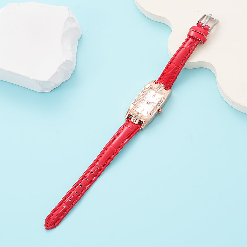 UIONEN Red Leather Strap Rectangle Dial Watches for Daily Wear & Office Commute