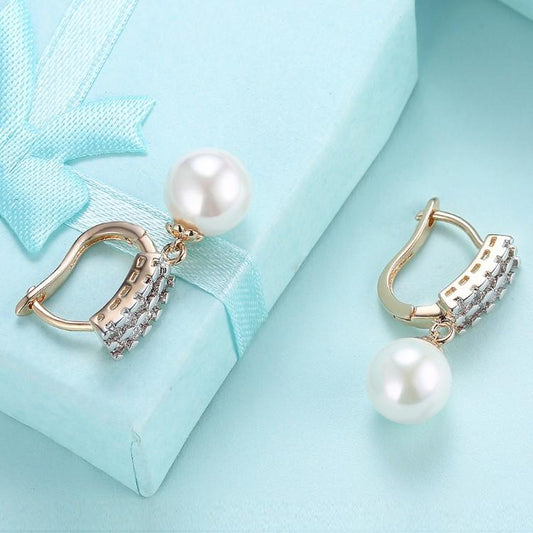 Luxe Crystal Square Shaped Pearl Leverback Earrings Set in Goldtone ITALY Design