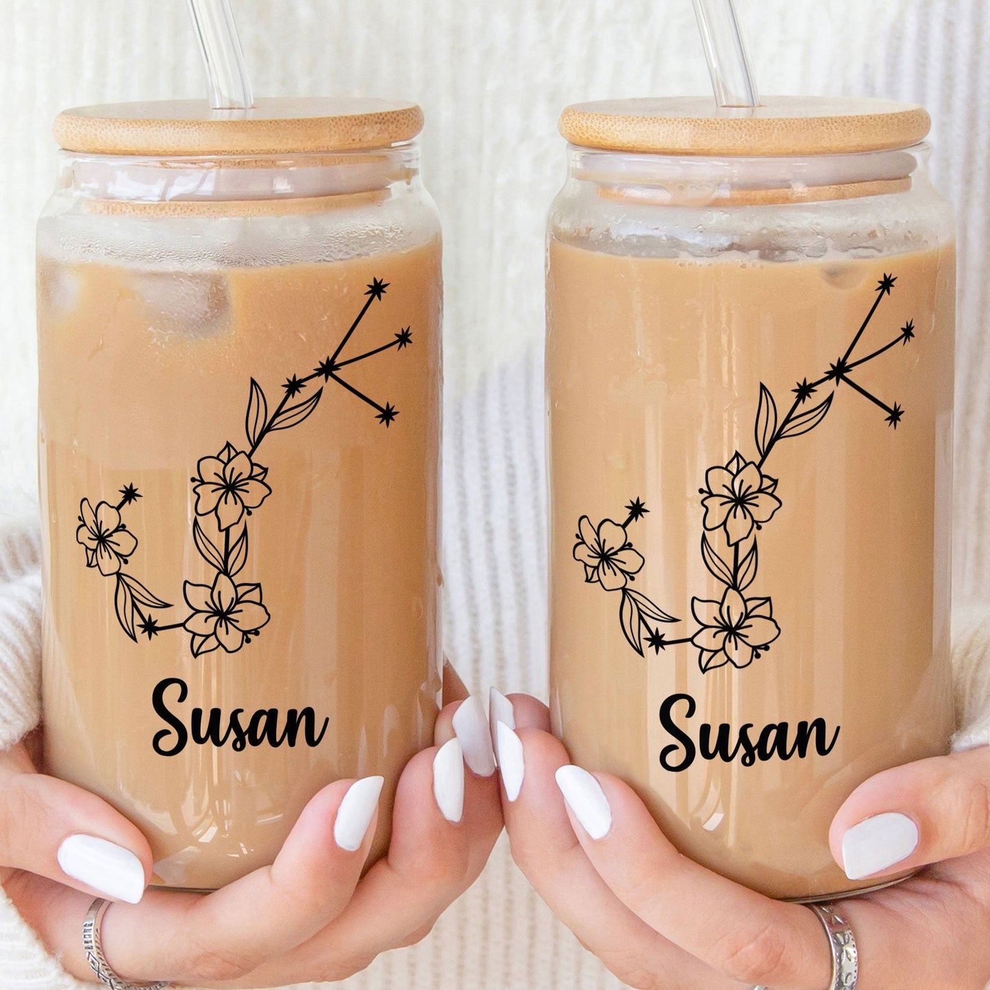 Zodiac Flower Birthday Gift For Women - Personalized Clear Glass Cup