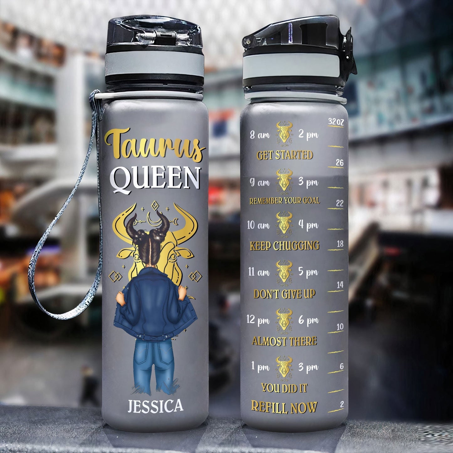 Zodiac Queen  - Personalized Water Bottle With Time Marker - Birthday, Motivation Gift For Girl, Friend, Astrology Lover