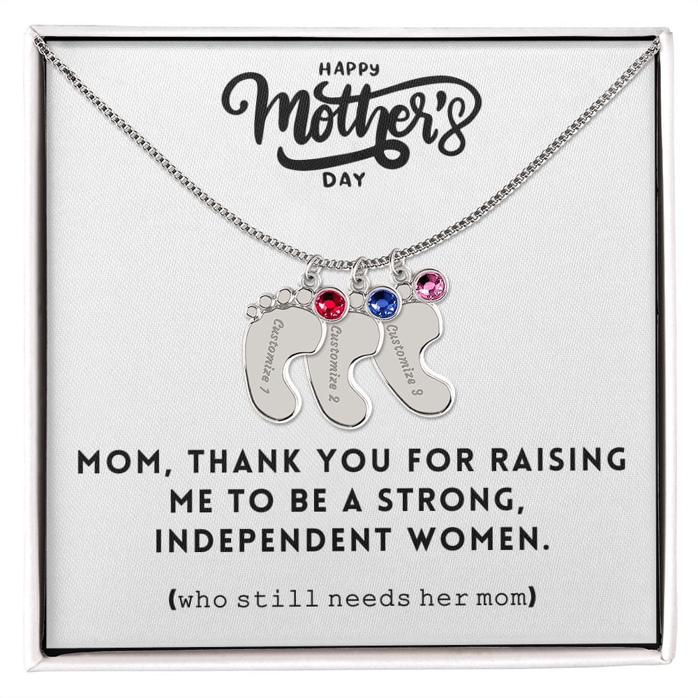 Mom, Thank You For Raising Me, Custom Baby feet Necklace With Birthstone