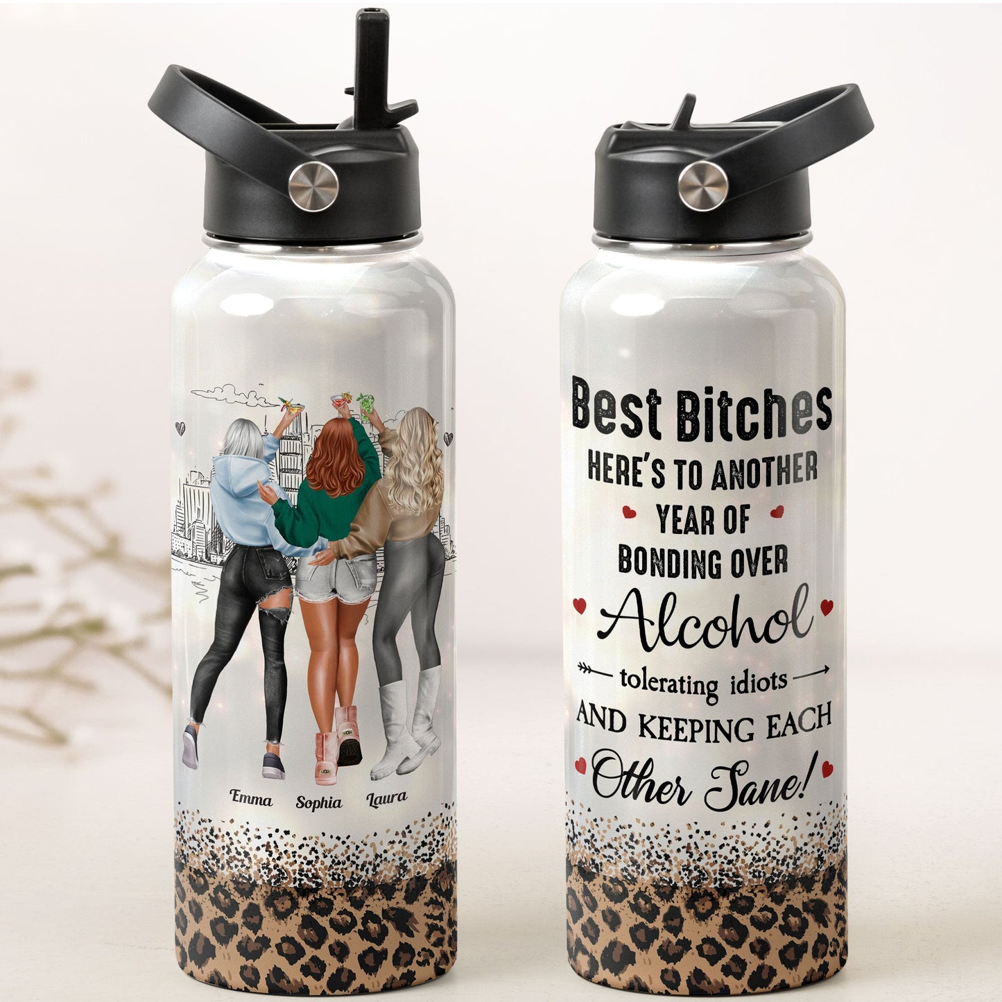 Besties Here's To Another Year Of Bonding - Personalized Stainless Steel Water Bottle