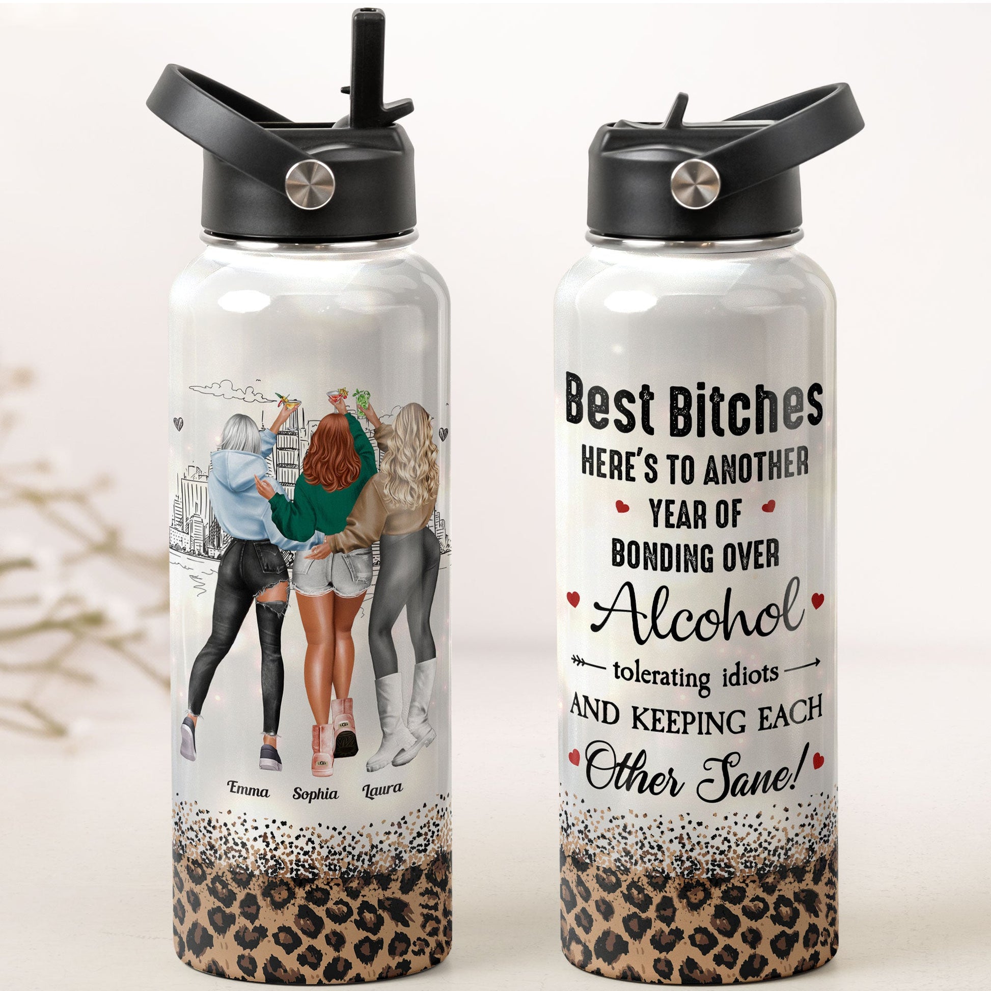 Besties Here's To Another Year Of Bonding - Personalized Stainless Steel Water Bottle