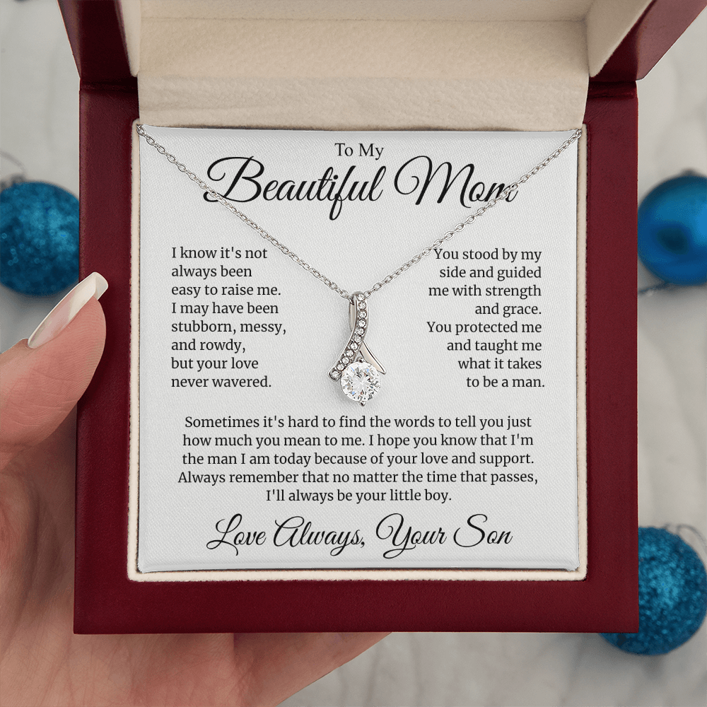 Mom Gift for Mother's Day, Birthday from Son - Alluring Beauty Necklace with Heartfelt Message