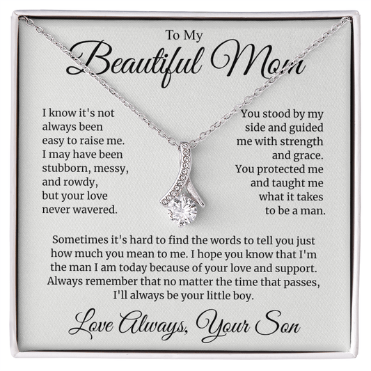 Mom Gift for Mother's Day, Birthday from Son - Alluring Beauty Necklace with Heartfelt Message