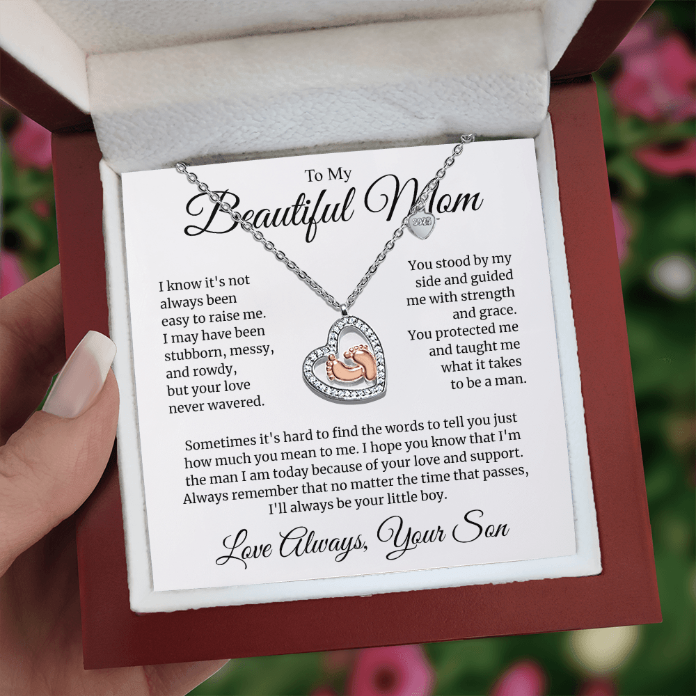 Mom Gift for Mother's Day, Birthday from Son - Baby Feet Heart Necklace with Message Card
