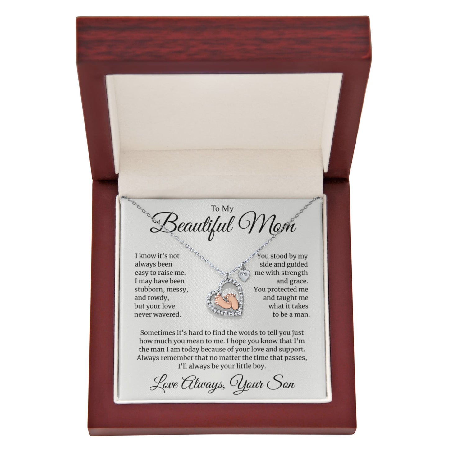 Mom Gift for Mother's Day, Birthday from Son - Baby Feet Heart Necklace with Message Card
